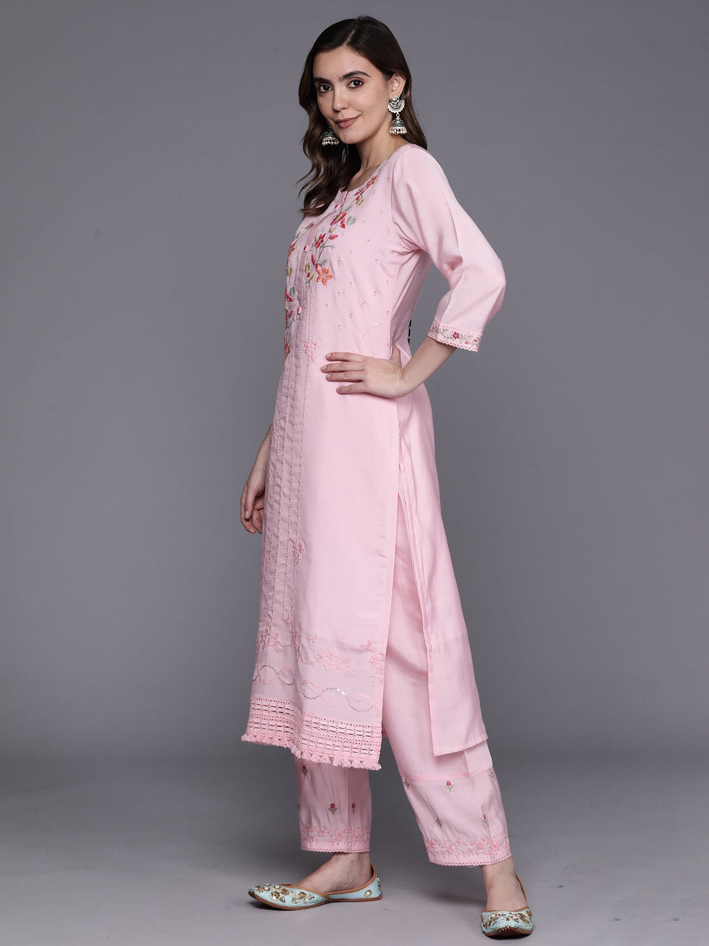 Indo Era Pink Embroidered Straight Kurta Trousers With Dupatta Set | Grocsy