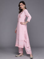 Indo Era Pink Embroidered Straight Kurta Trousers With Dupatta Set | Grocsy