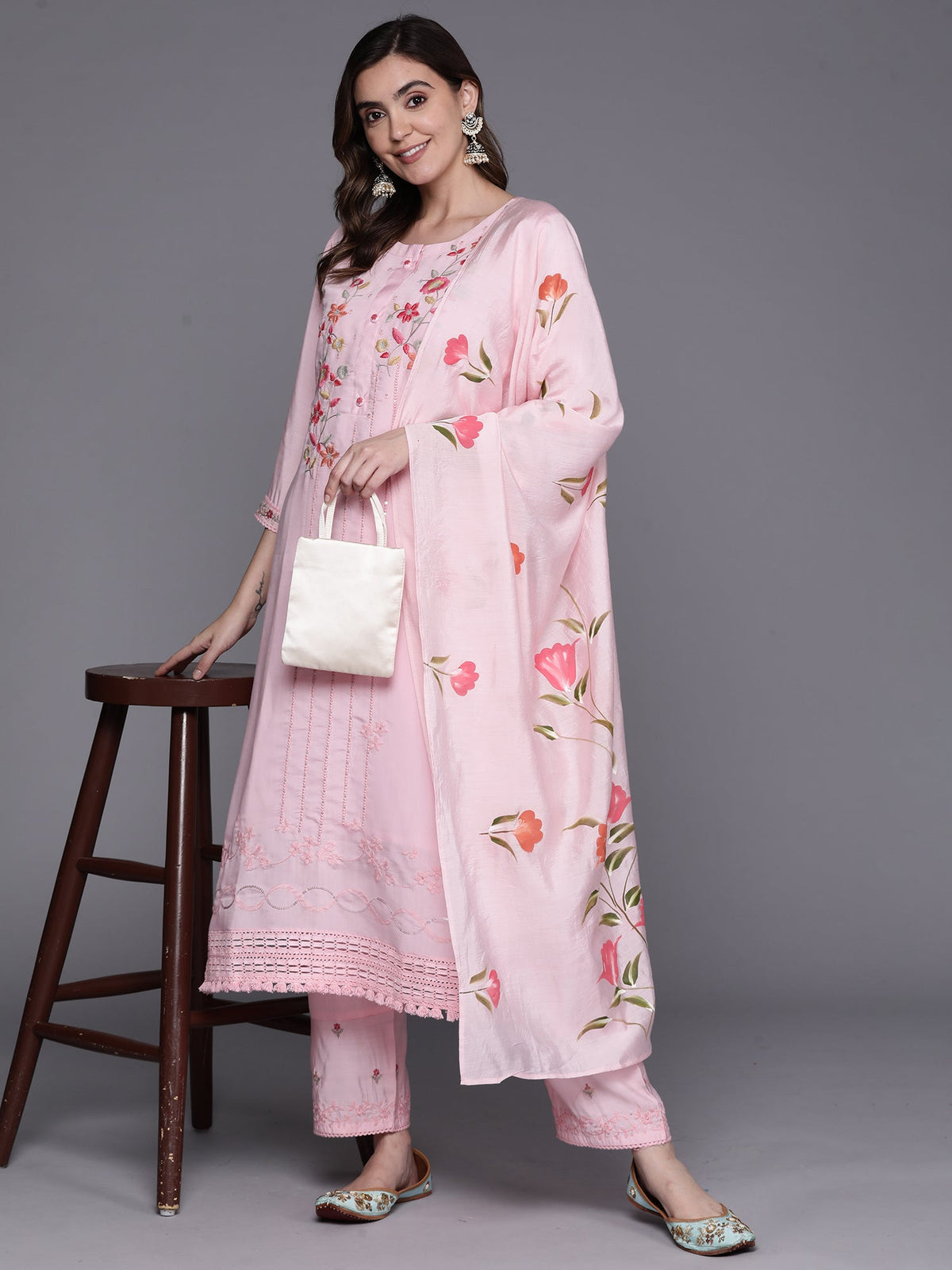 Indo Era Pink Embroidered Straight Kurta Trousers With Dupatta Set | Grocsy