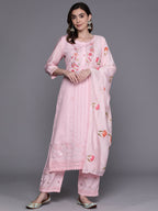 Indo Era Pink Embroidered Straight Kurta Trousers With Dupatta Set | Grocsy