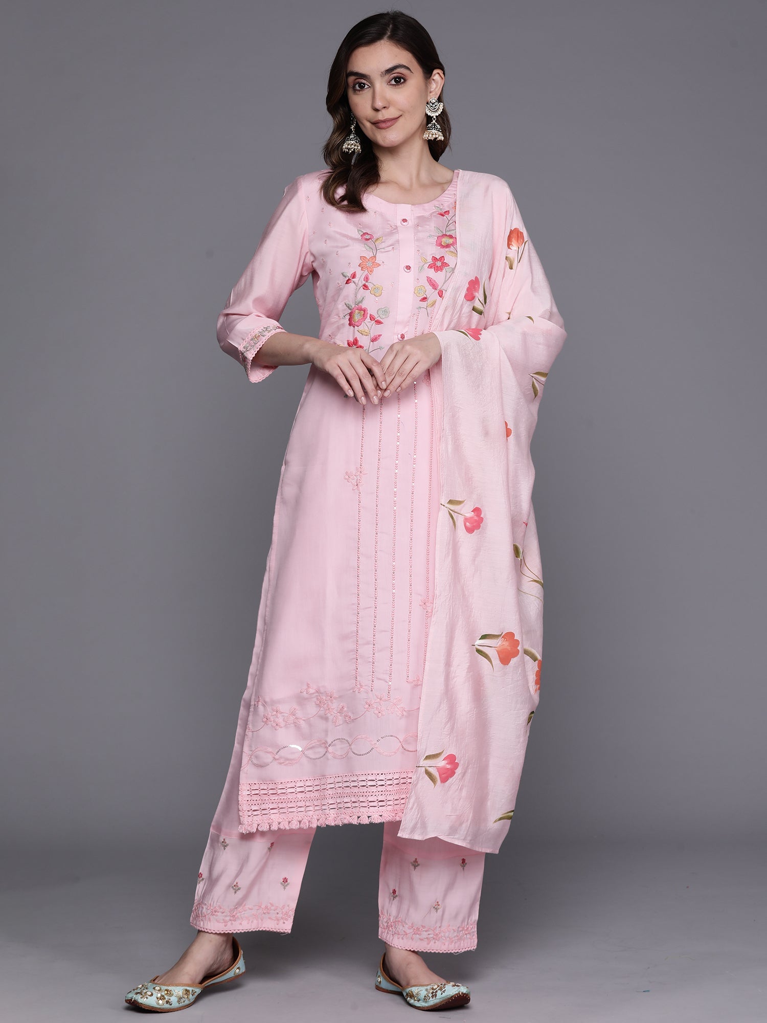 Indo Era Pink Embroidered Straight Kurta Trousers With Dupatta Set | Grocsy