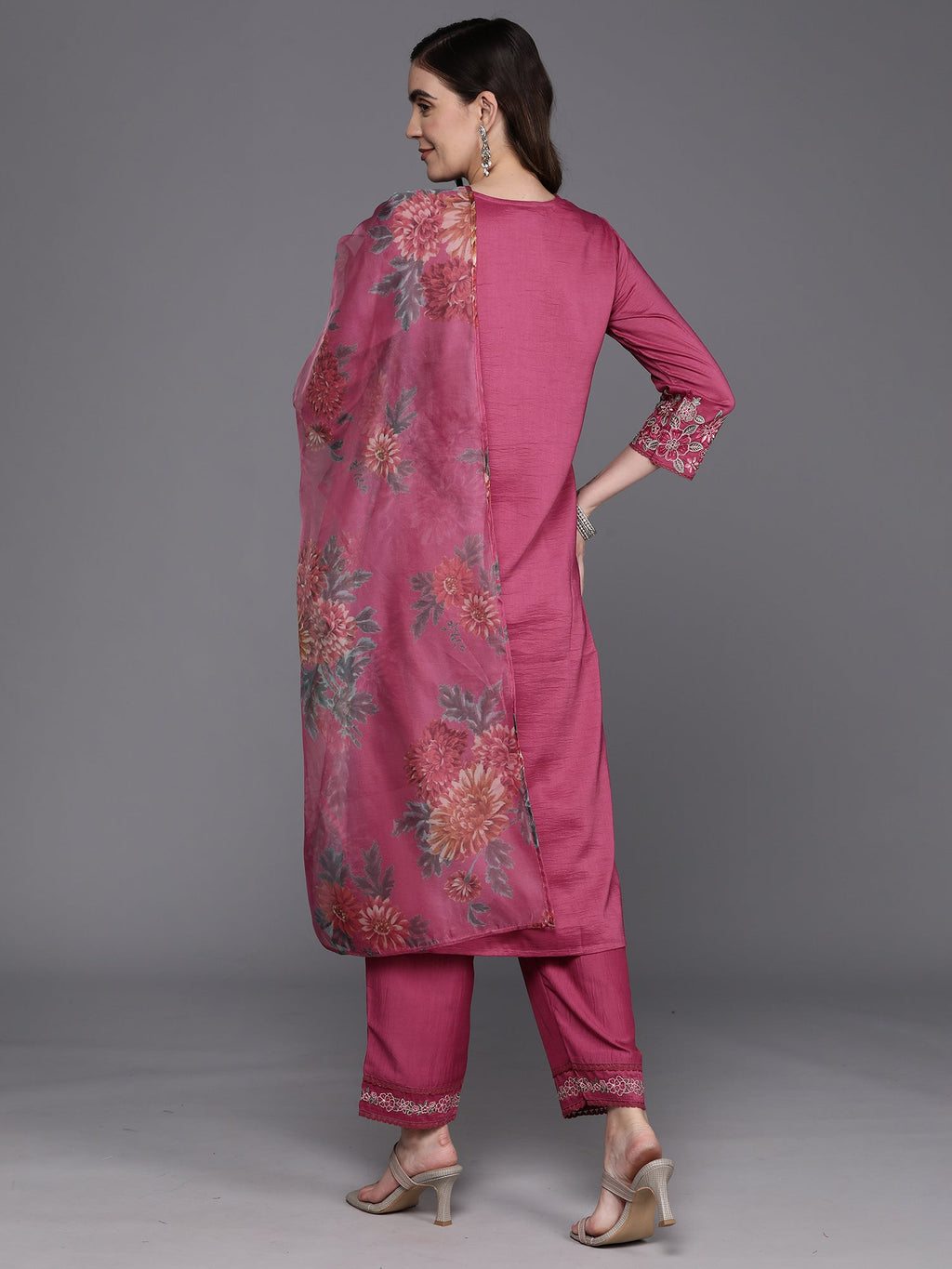 Indo Era Pink Embroidered Straight Kurta Trousers With Dupatta Set | Grocsy