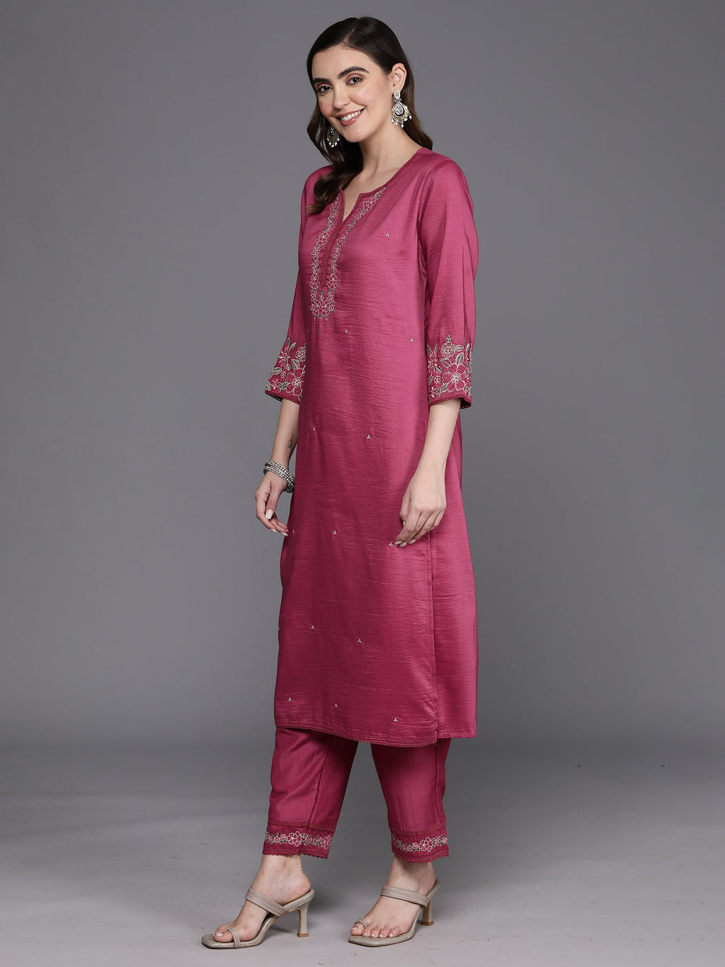 Indo Era Pink Embroidered Straight Kurta Trousers With Dupatta Set | Grocsy