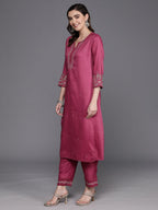 Indo Era Pink Embroidered Straight Kurta Trousers With Dupatta Set | Grocsy