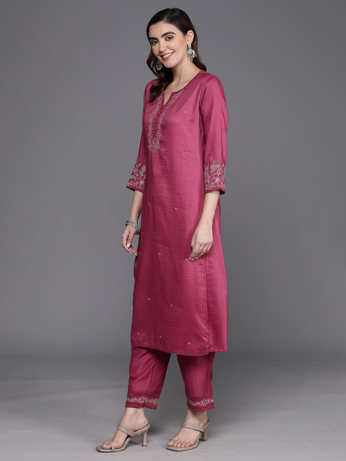 Indo Era Pink Embroidered Straight Kurta Trousers With Dupatta Set | Grocsy