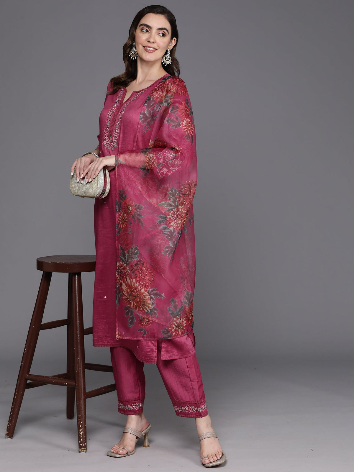 Indo Era Pink Embroidered Straight Kurta Trousers With Dupatta Set | Grocsy
