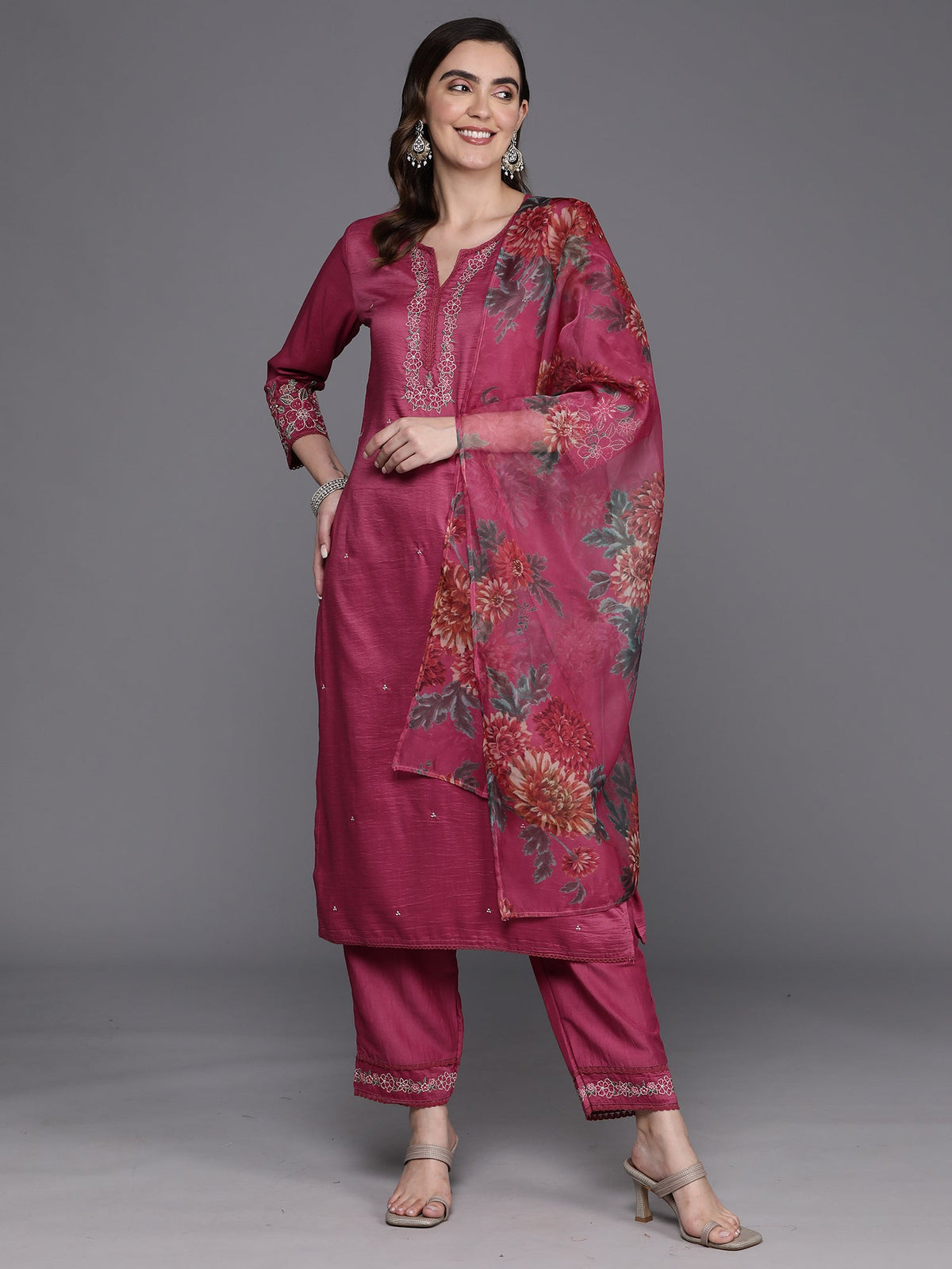 Indo Era Pink Embroidered Straight Kurta Trousers With Dupatta Set | Grocsy