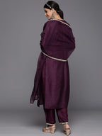 Indo Era Purple Solid Straight Kurta Trouser With Dupatta Set | Grocsy