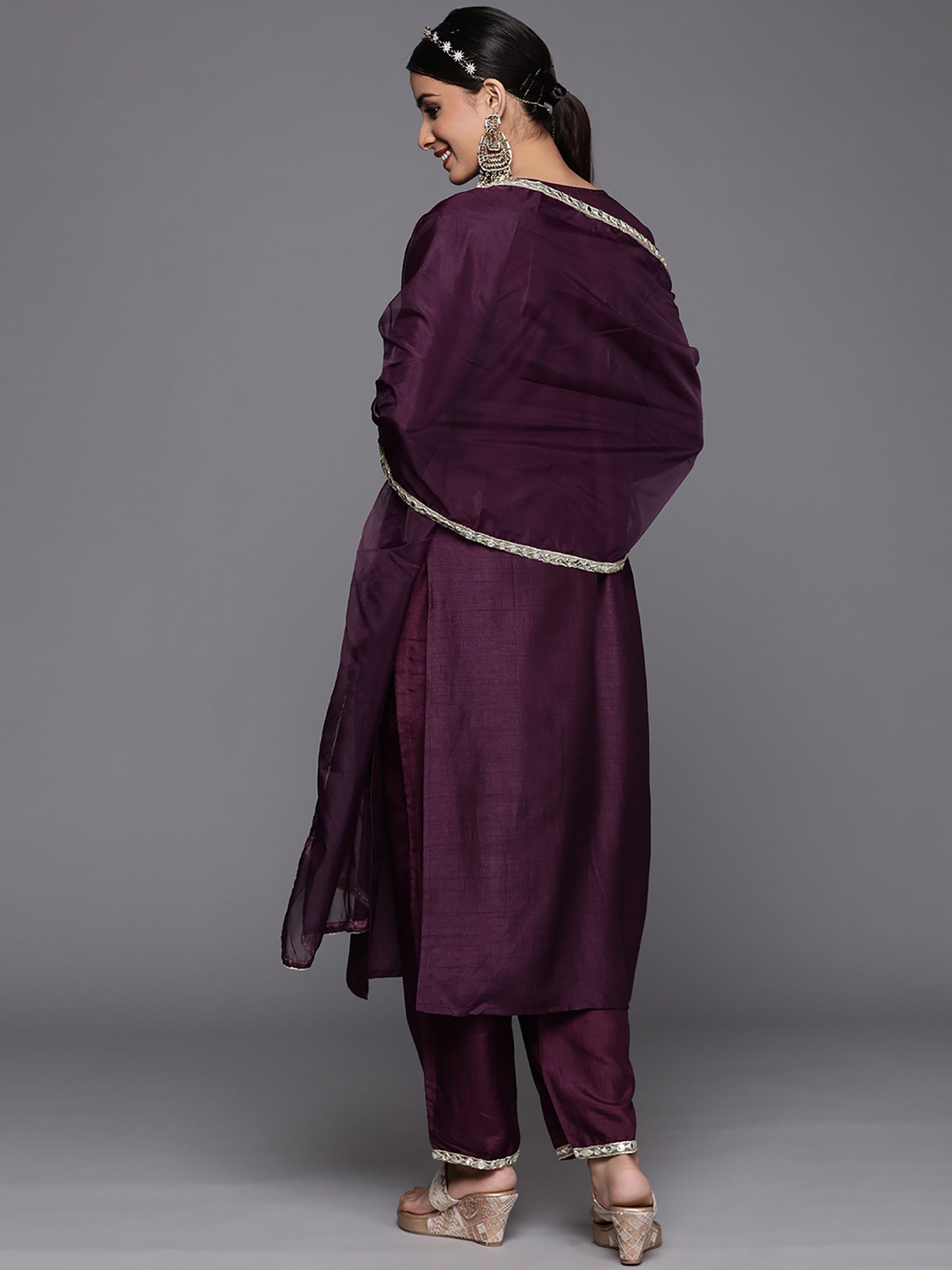 Indo Era Purple Solid Straight Kurta Trouser With Dupatta Set | Grocsy