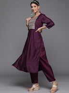 Indo Era Purple Solid Straight Kurta Trouser With Dupatta Set | Grocsy