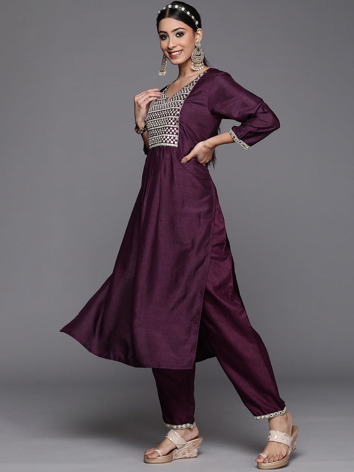 Indo Era Purple Solid Straight Kurta Trouser With Dupatta Set | Grocsy