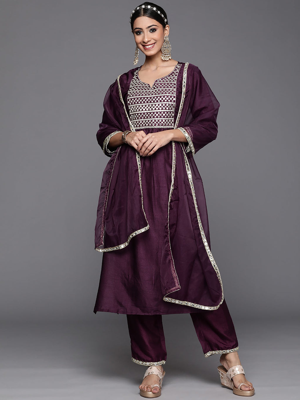 Indo Era Purple Solid Straight Kurta Trouser With Dupatta Set | Grocsy