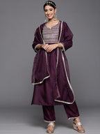 Indo Era Purple Solid Straight Kurta Trouser With Dupatta Set | Grocsy