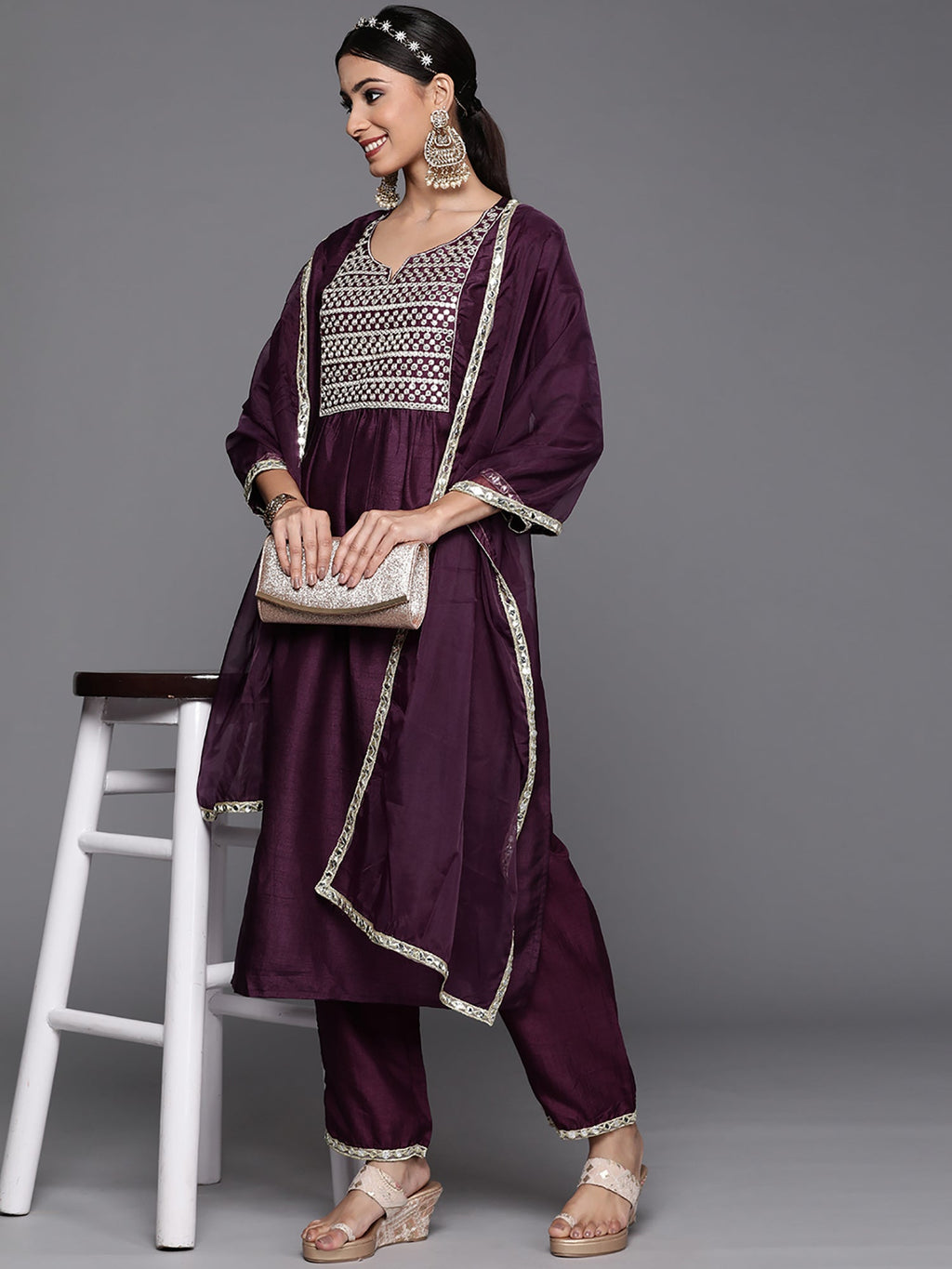 Indo Era Purple Solid Straight Kurta Trouser With Dupatta Set | Grocsy