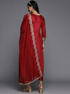 Indo Era Red Embroidered Straight Kurta Palazzos With Dupatta Set | Grocsy