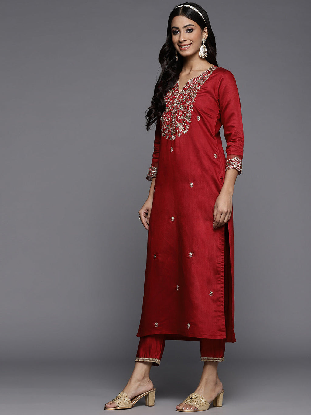 Indo Era Red Embroidered Straight Kurta Palazzos With Dupatta Set | Grocsy