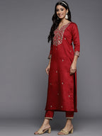 Indo Era Red Embroidered Straight Kurta Palazzos With Dupatta Set | Grocsy