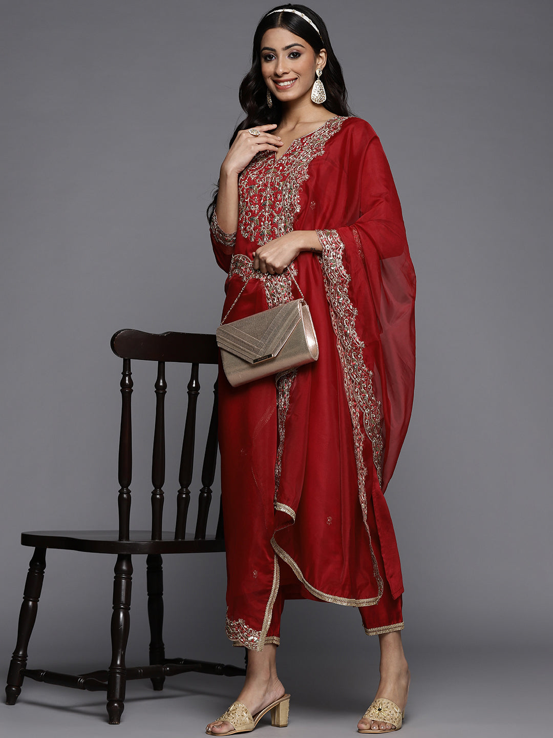 Indo Era Red Embroidered Straight Kurta Palazzos With Dupatta Set | Grocsy