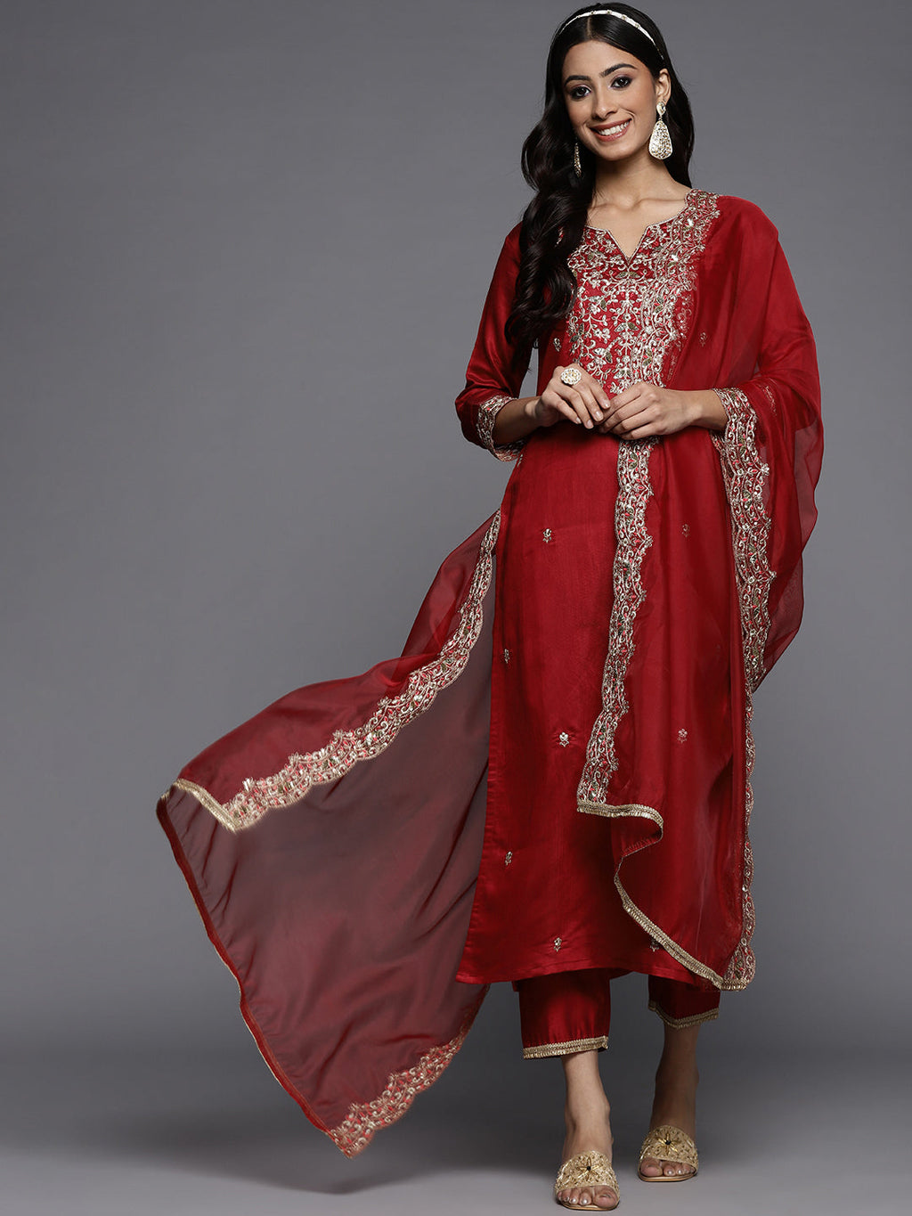 Indo Era Red Embroidered Straight Kurta Palazzos With Dupatta Set | Grocsy