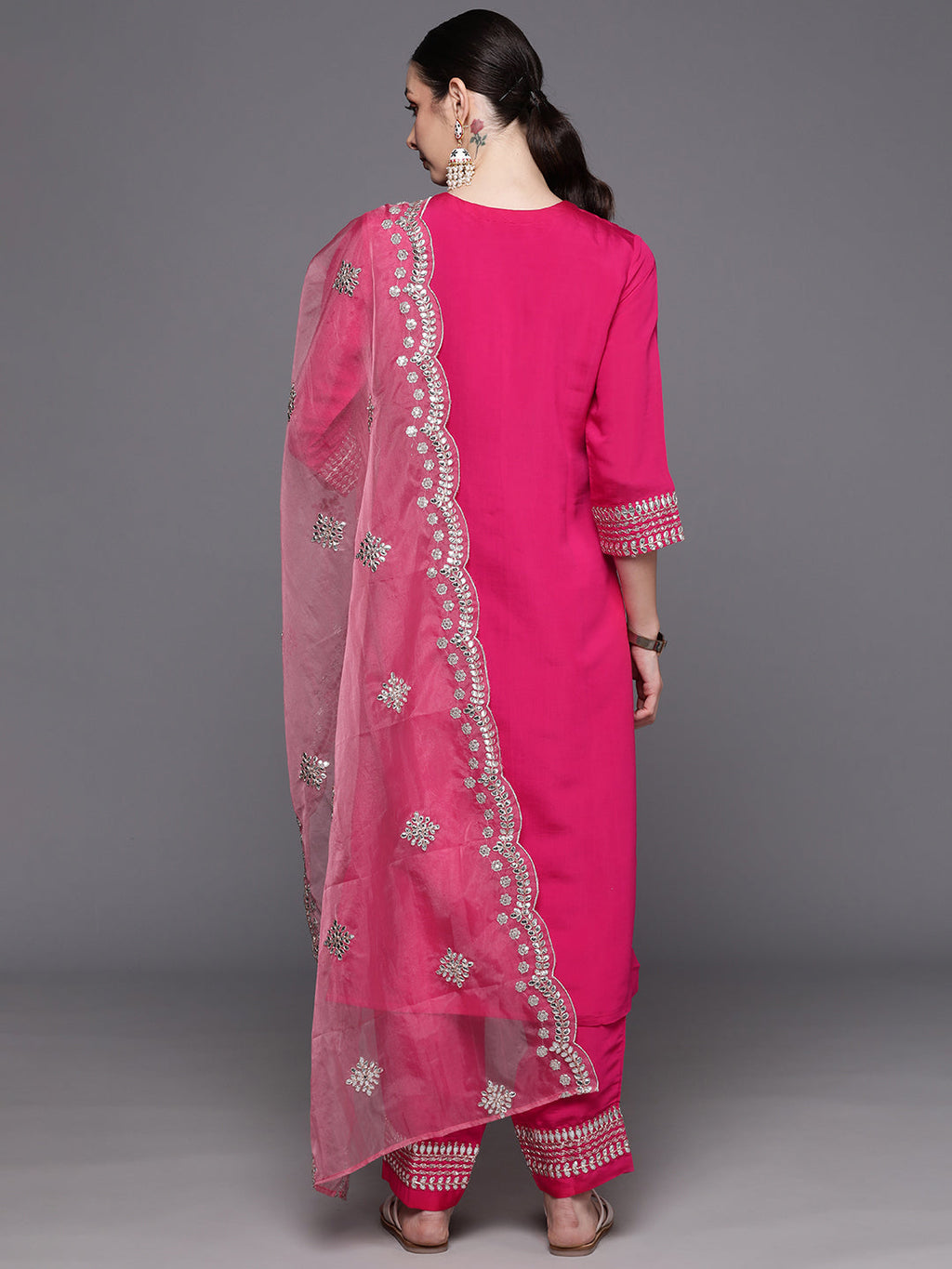 Indo Era Pink Embroidered Straight Kurta Trousers With Dupatta Set | Grocsy