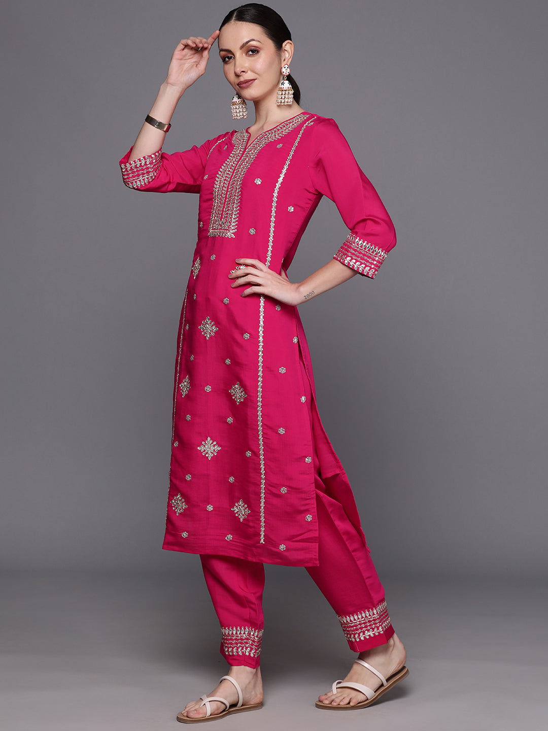 Indo Era Pink Embroidered Straight Kurta Trousers With Dupatta Set | Grocsy