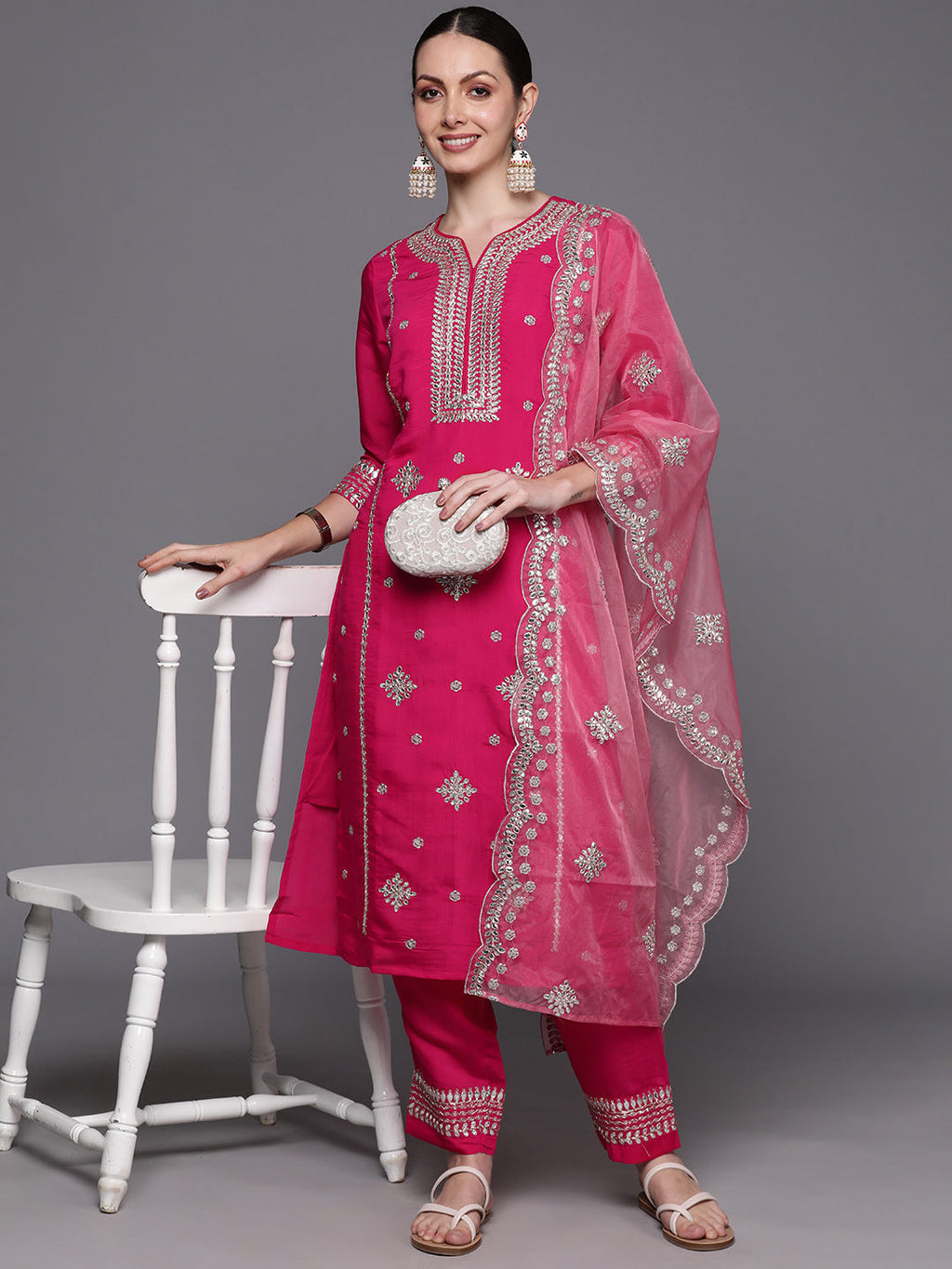 Indo Era Pink Embroidered Straight Kurta Trousers With Dupatta Set | Grocsy