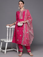 Indo Era Pink Embroidered Straight Kurta Trousers With Dupatta Set | Grocsy