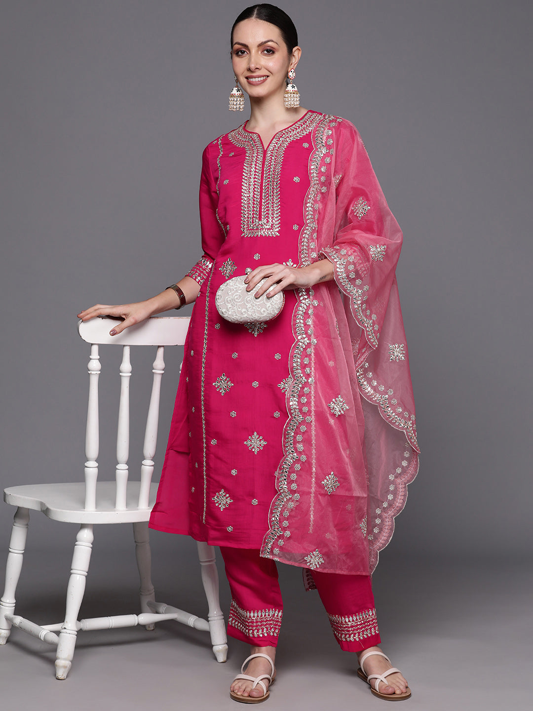 Indo Era Pink Embroidered Straight Kurta Trousers With Dupatta Set | Grocsy