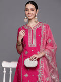 Indo Era Pink Embroidered Straight Kurta Trousers With Dupatta Set | Grocsy