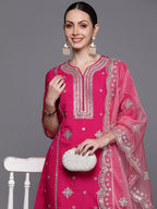Indo Era Pink Embroidered Straight Kurta Trousers With Dupatta Set | Grocsy