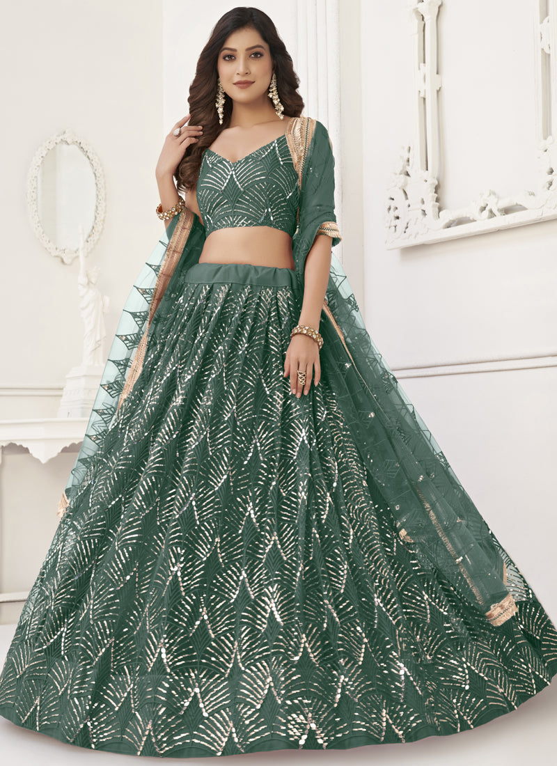 Vegaa Fashion Green Butterfly Net Embroidery Sequins Designer Lehenga | Grocsy