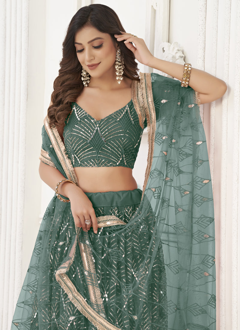 Vegaa Fashion Green Butterfly Net Embroidery Sequins Designer Lehenga | Grocsy