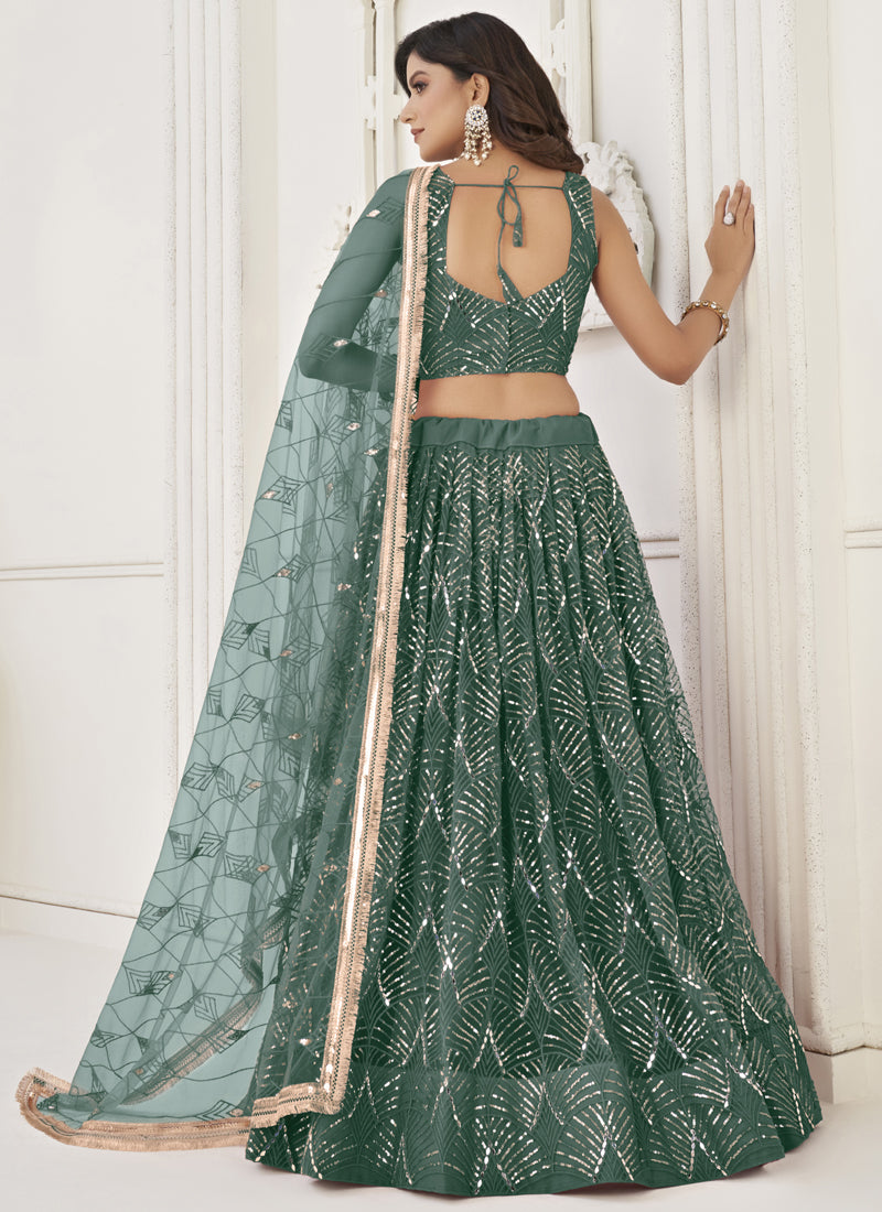 Vegaa Fashion Green Butterfly Net Embroidery Sequins Designer Lehenga | Grocsy
