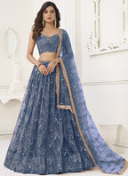 Vegaa Fashion Light Blue Butterfly Net Embroidery Sequins Designer Lehenga | Grocsy
