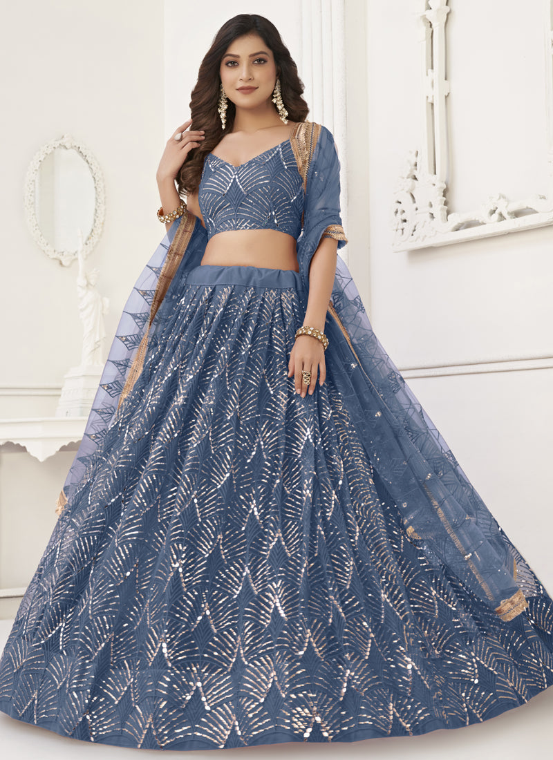 Vegaa Fashion Light Blue Butterfly Net Embroidery Sequins Designer Lehenga | Grocsy