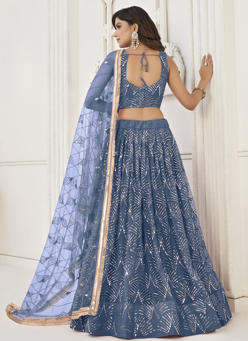 Vegaa Fashion Light Blue Butterfly Net Embroidery Sequins Designer Lehenga | Grocsy