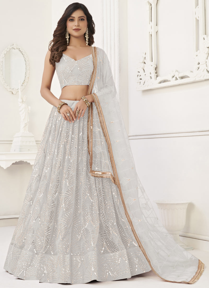 Vegaa Fashion Off White Butterfly Net Embroidery Sequins Designer Lehenga | Grocsy