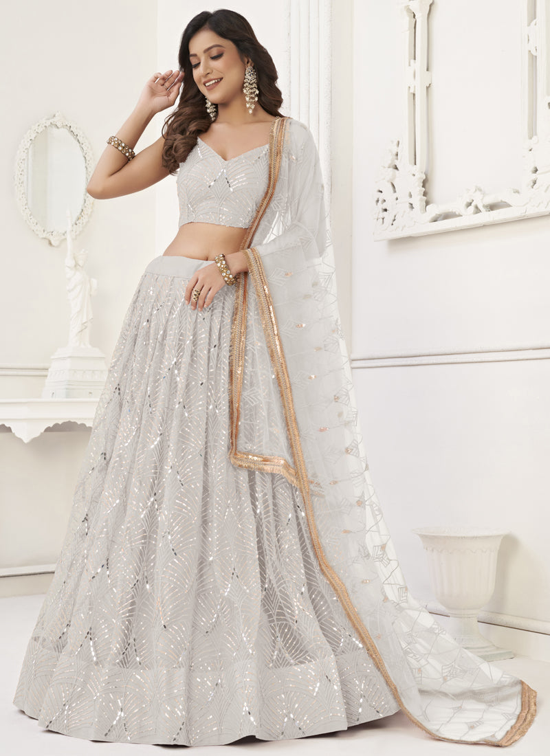 Vegaa Fashion Off White Butterfly Net Embroidery Sequins Designer Lehenga | Grocsy