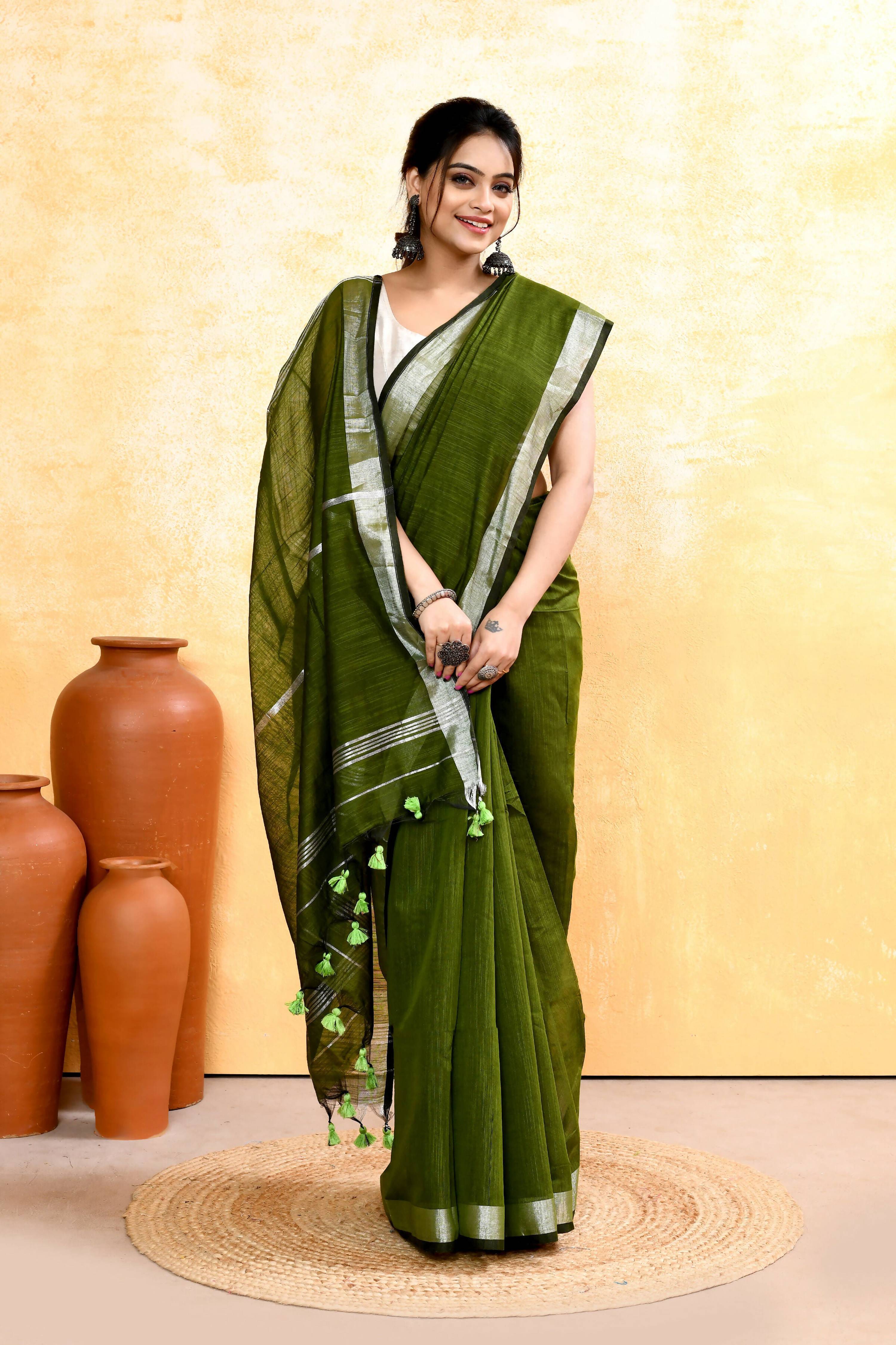Piyari Fashion Women's Moss Green Embellished Cotton Blend Zari Border Handloom Saree | Grocsy