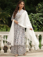 Janasya White Georgette Floral Kurta,Bottom & Dupatta | Grocsy