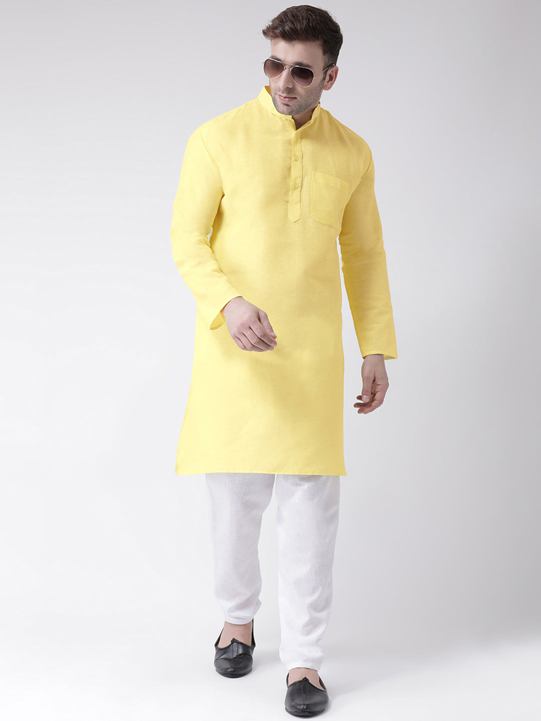 RIAG Men's Yellow Cotton Long Ethnic Kurta | Grocsy