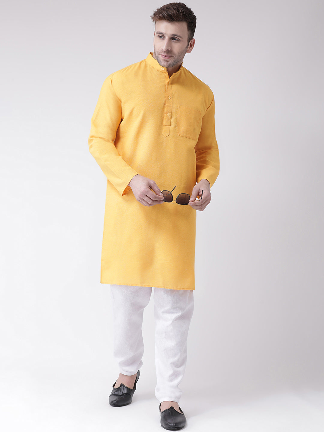RIAG Men's Yellow Cotton Long Ethnic Kurta | Grocsy