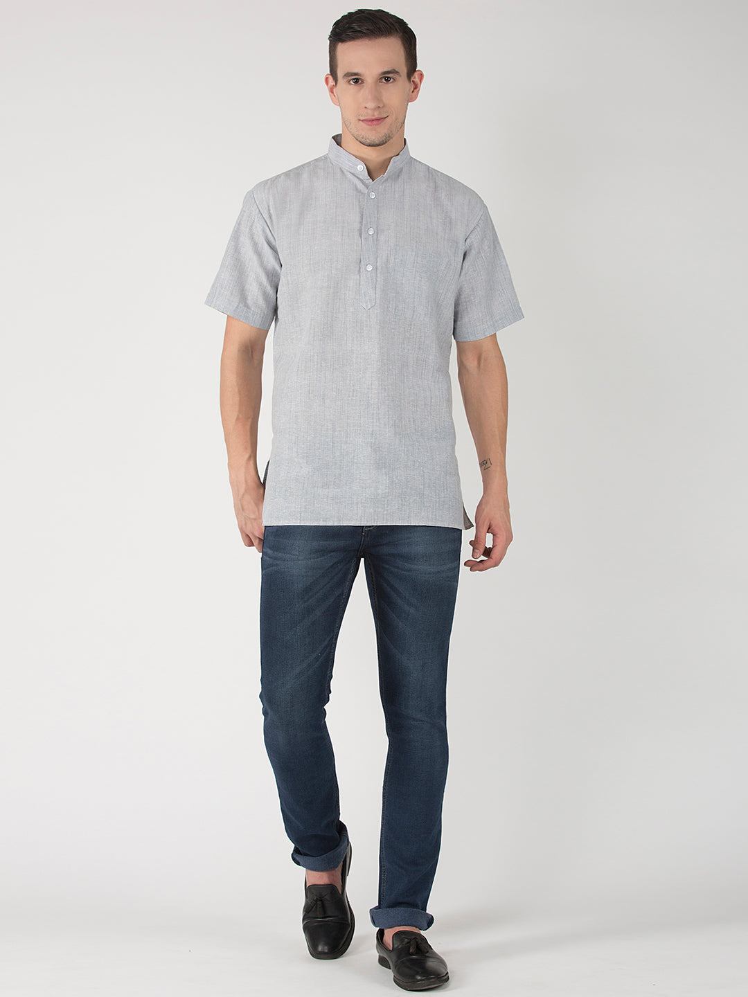 RIAG Men's Grey Cotton Short Ethnic Kurta | Grocsy