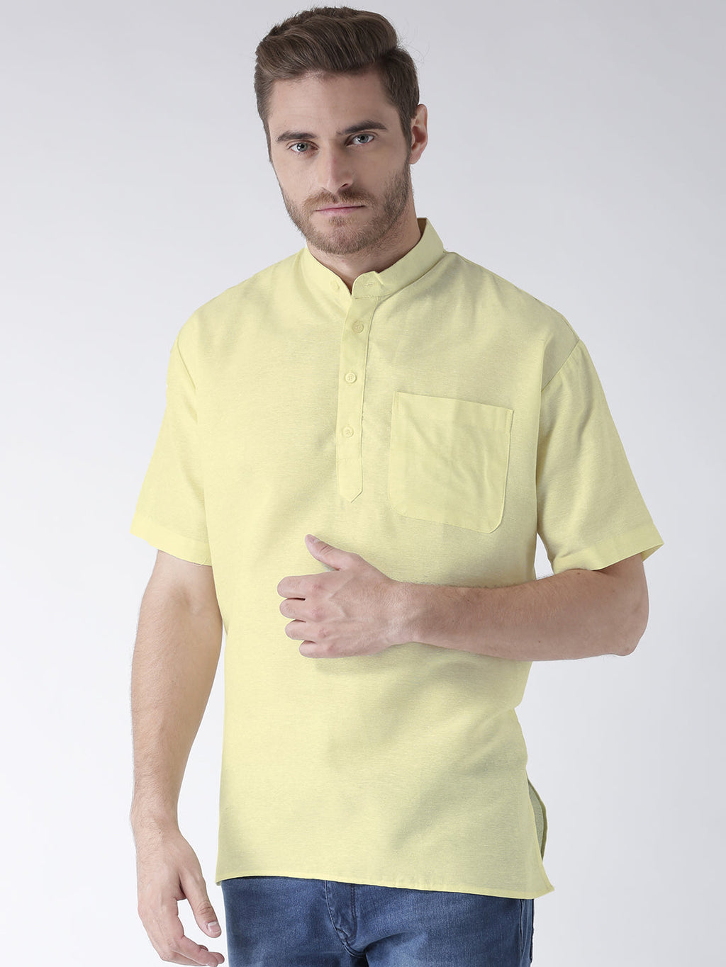 RIAG Men's Yellow Cotton Short Ethnic Kurta | Grocsy