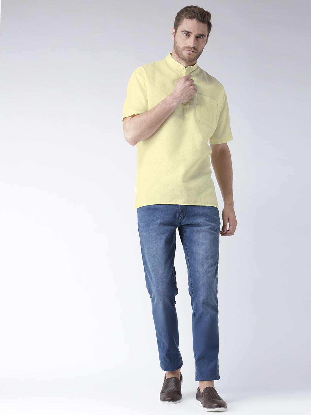 RIAG Men's Yellow Cotton Short Ethnic Kurta | Grocsy