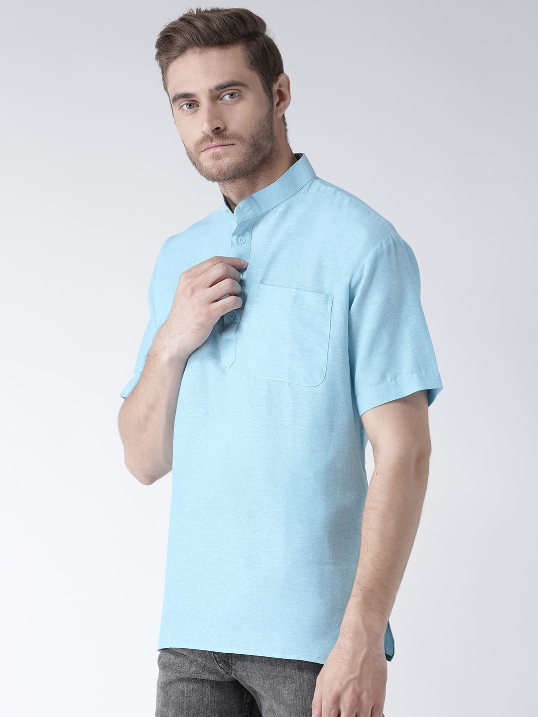 RIAG Men's Cotton Short Ethnic Kurta - Light Blue | Grocsy