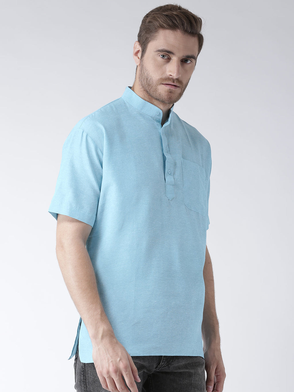 RIAG Men's Cotton Short Ethnic Kurta - Light Blue | Grocsy