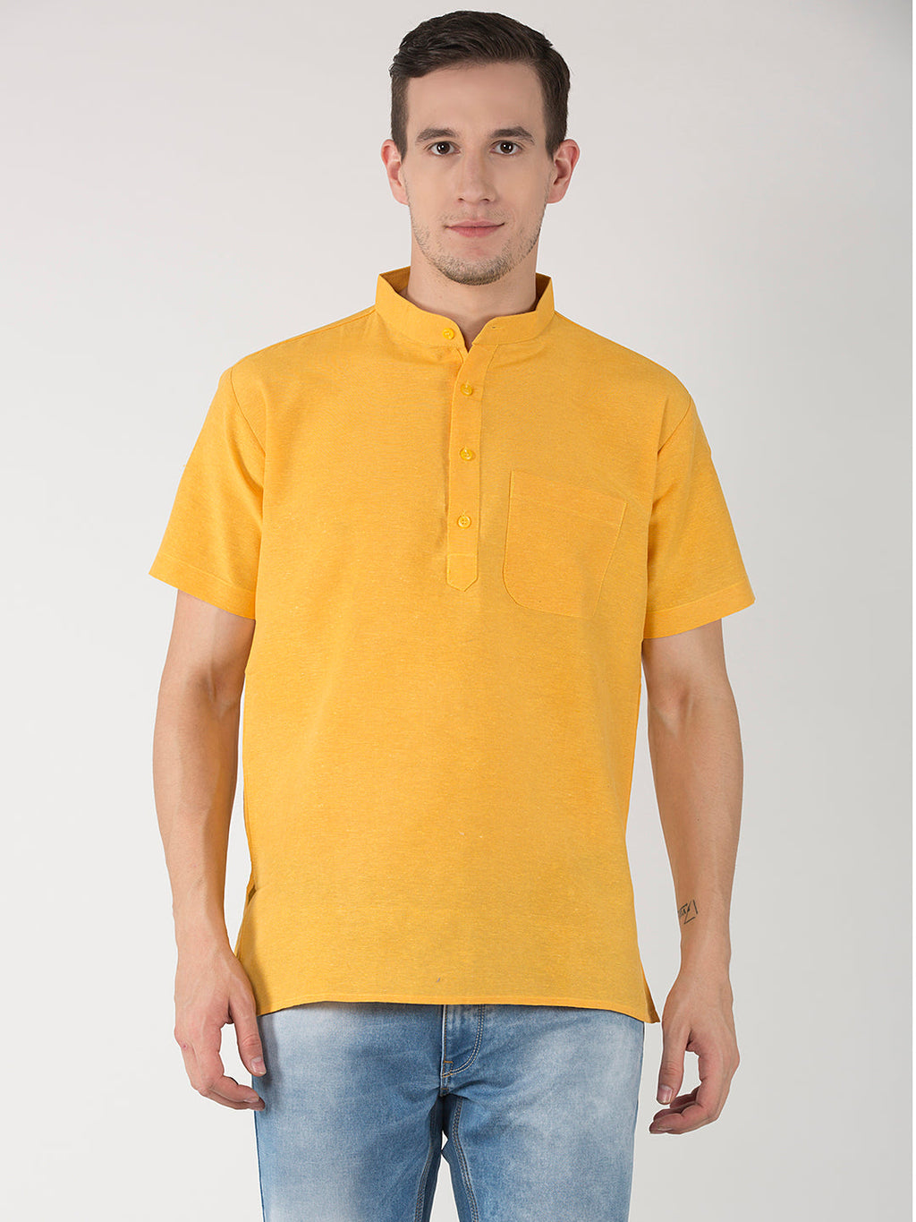 RIAG Men's Yellow Cotton Short Ethnic Kurta | Grocsy