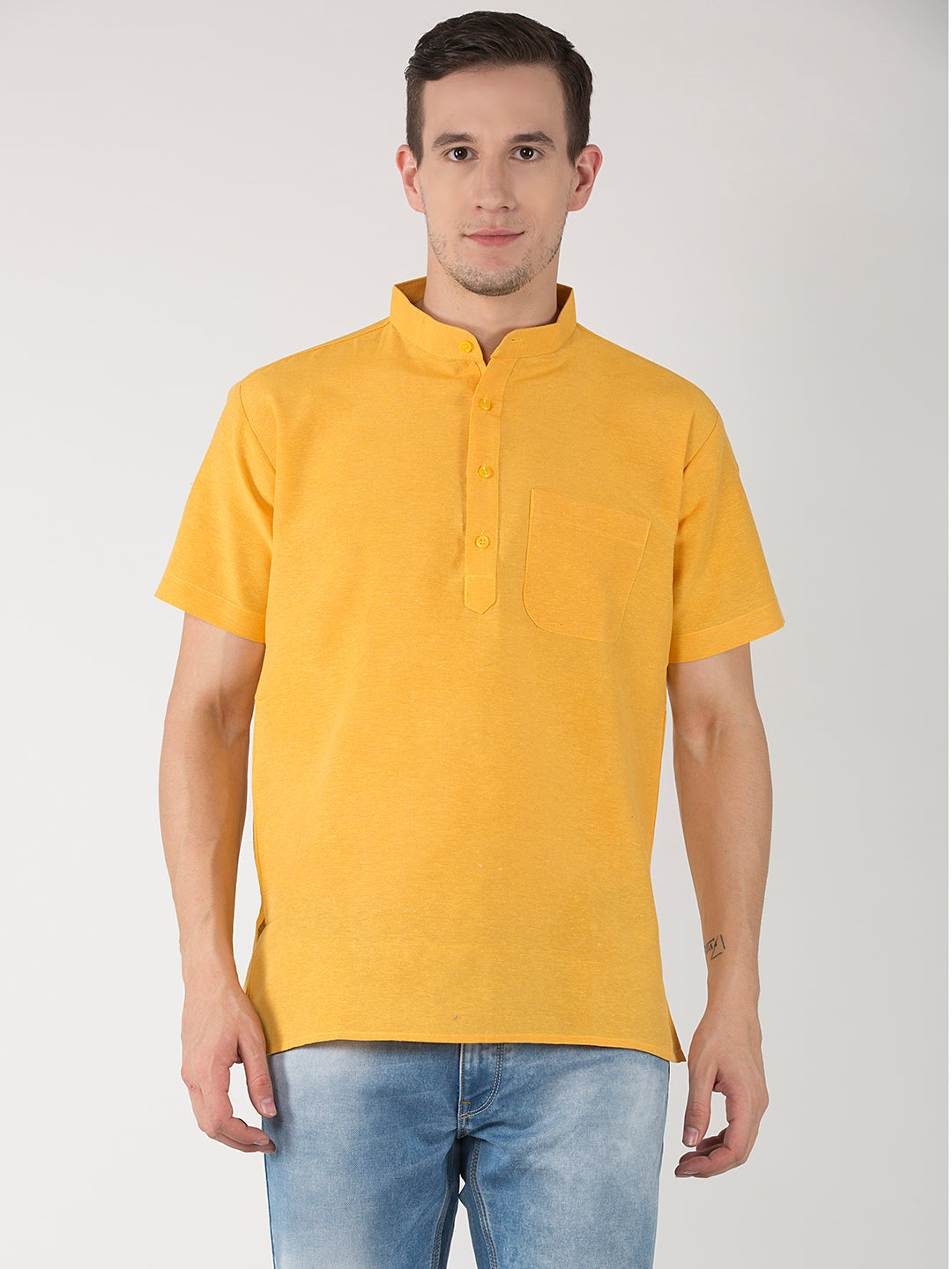 RIAG Men's Yellow Cotton Short Ethnic Kurta | Grocsy