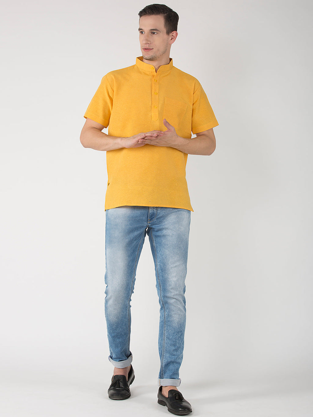 RIAG Men's Yellow Cotton Short Ethnic Kurta | Grocsy